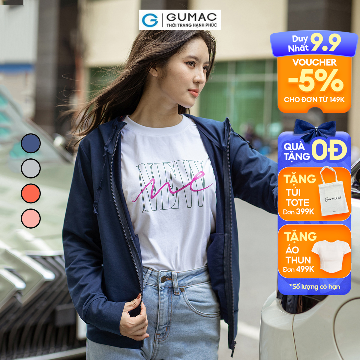 Áo khoác nữ phối khóa kéo có nón chống nắng trẻ trung năng động thời trang GUMAC AD05062 - AD05063 - AD05093 - Xanh - M