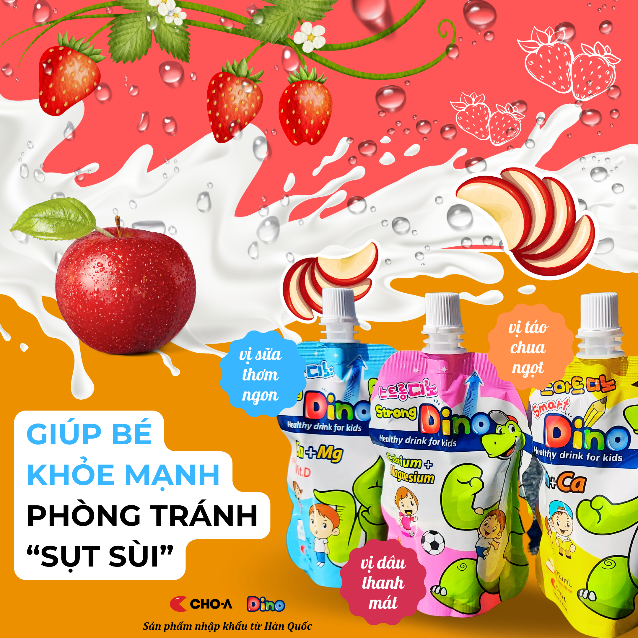 Nước Uống Dino Vị Dâu Bổ Sung Canxi Và Magie Cho Trẻ - Strong Dino (1 Gói x 120ml)