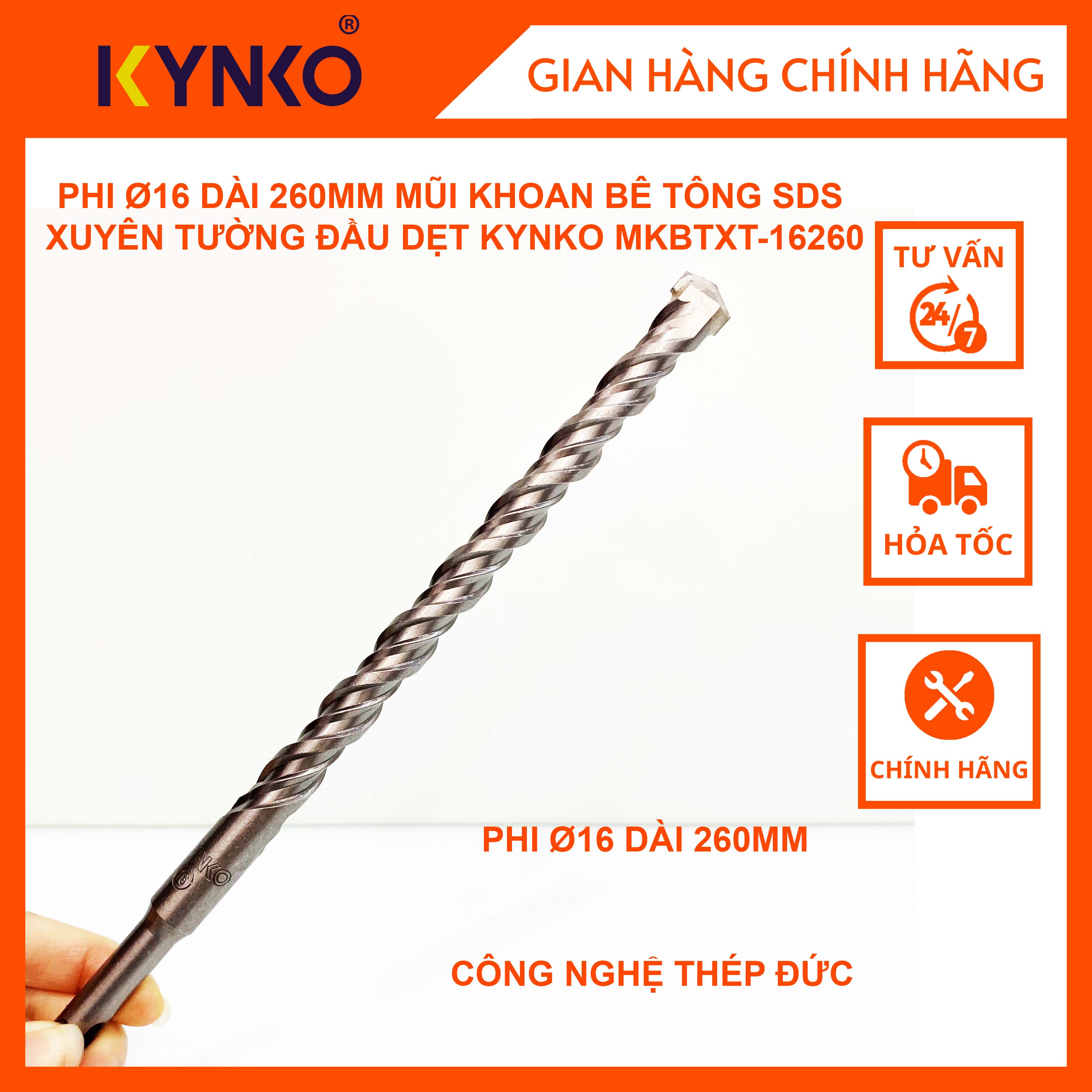 PHI Ø16 DÀI 260MM MŨI KHOAN BÊ TÔNG SDS XUYÊN TƯỜNG ĐẦU DẸT KYNKO MKBTXT-16260