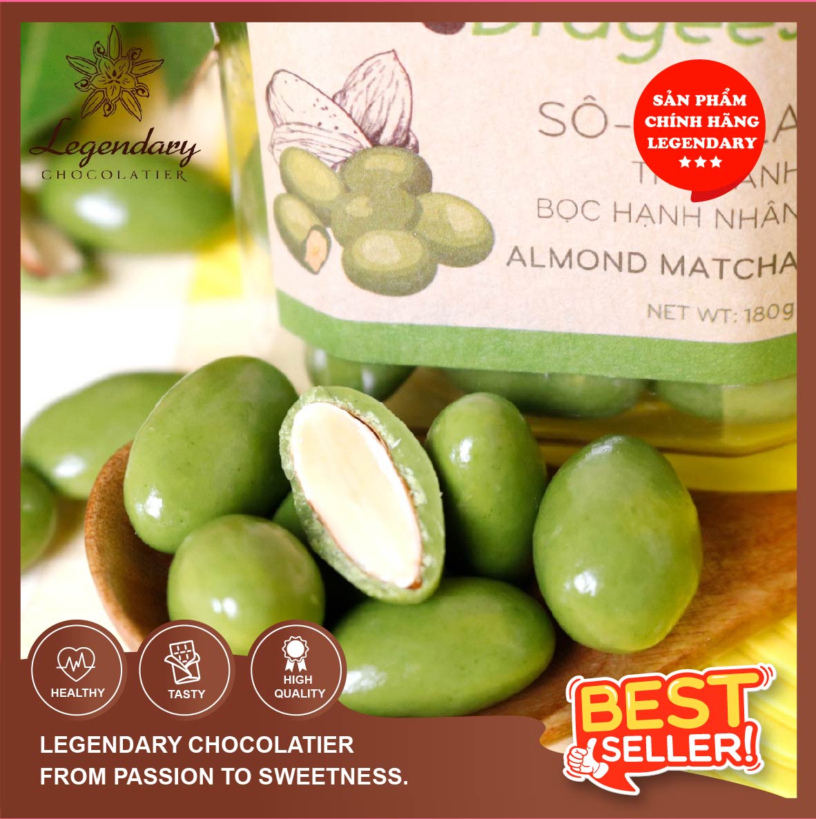 Best seller Socola Legendary - Dragees Socola bọc Hạnh nhân vị Trà xanh hũ 180g