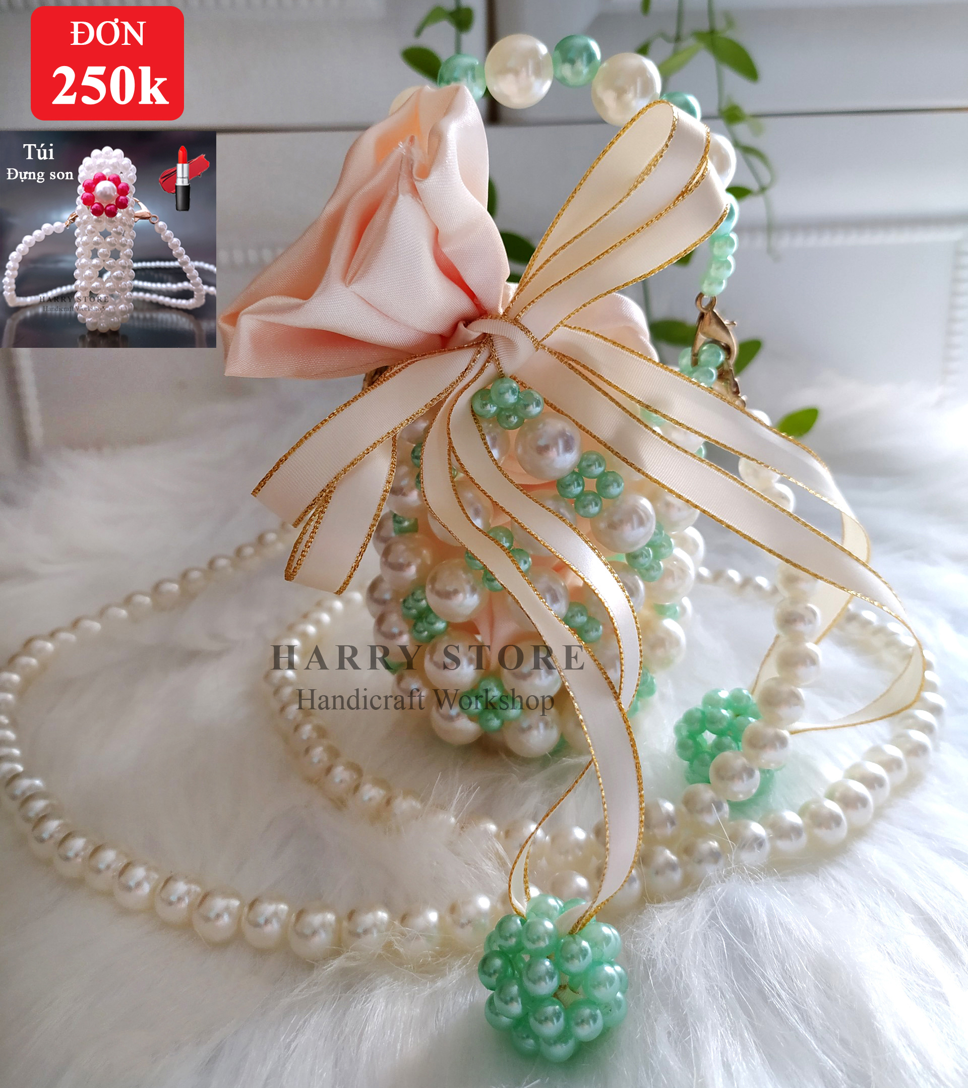 Túi handmade ngọc trai đeo chéo HRRB-XN size M dây đeo dài 110cm, đẹp lạ mắt cục kỳ sang trọng