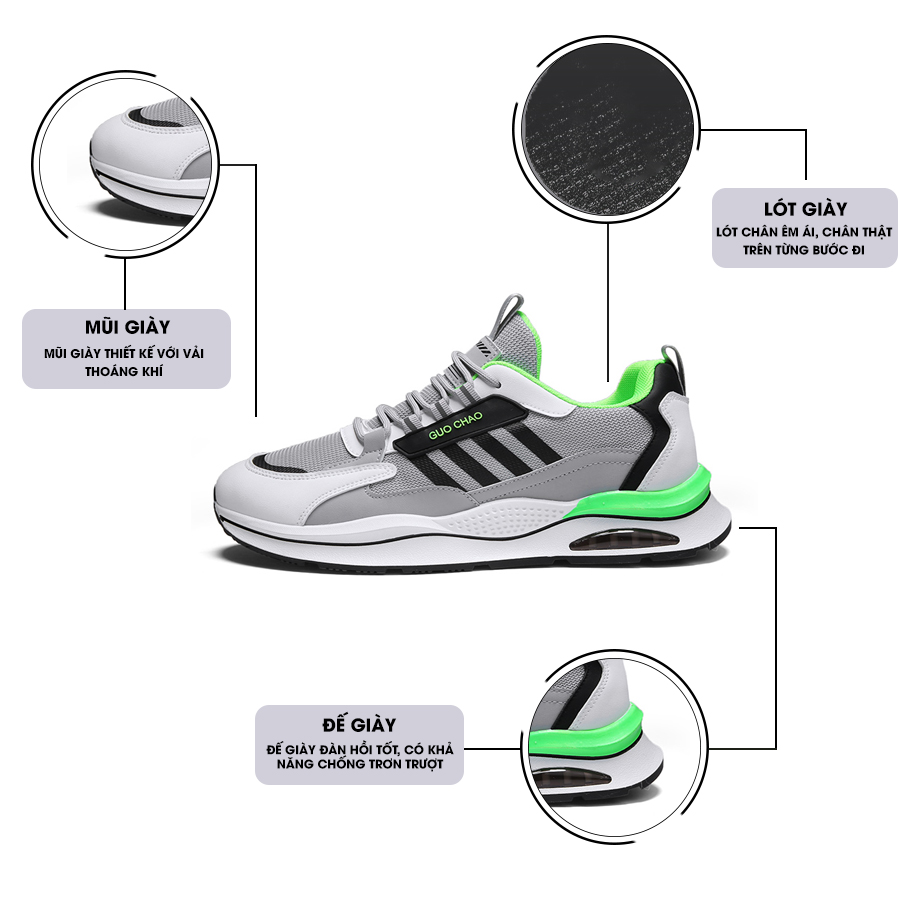 Giày Thể Thao Nam GEMI- Giày Sneaker Màu Đen Viền Xám - Xám, Giày Thể Thao Đế Êm, Hoạt Động Ngoài Trời Tối Ưu, Vải Thoáng, Khử Mùi Hôi Chân - G5256