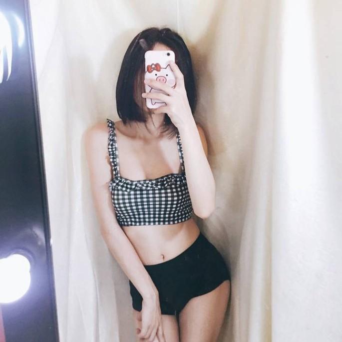 freeship Bikini hai mảnh áo caro nữ tính mặc đi biển đi bơi
