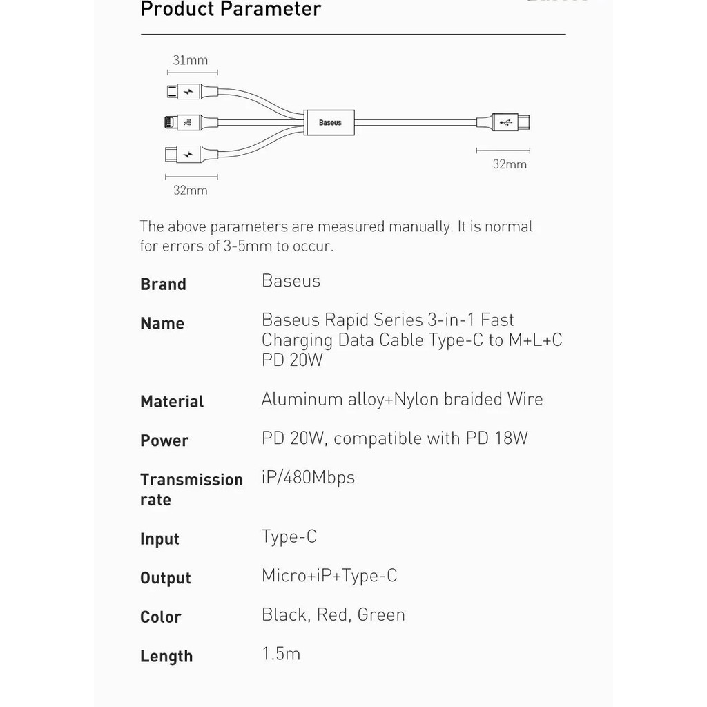Cáp sạc đa năng 20W Type-C to M+i+C Baseus 3-In-1 Rapid Series CAMLT-SC01 (1.5m) - Hàng chính hãng
