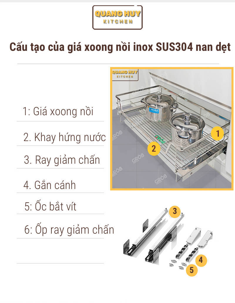 Giá xoong nồi inox 304 nan dẹt cho tủ bếp bảo hành vĩnh viễn han gỉ