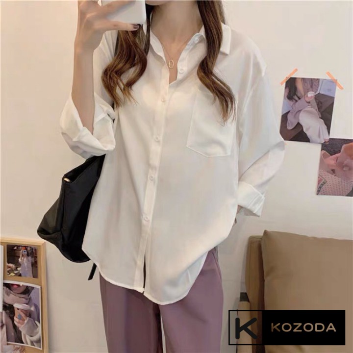 Áo sơ mi nữ form rộng tay dài kiểu hàn, áo sơ mi nữ trắng 1 túi basic