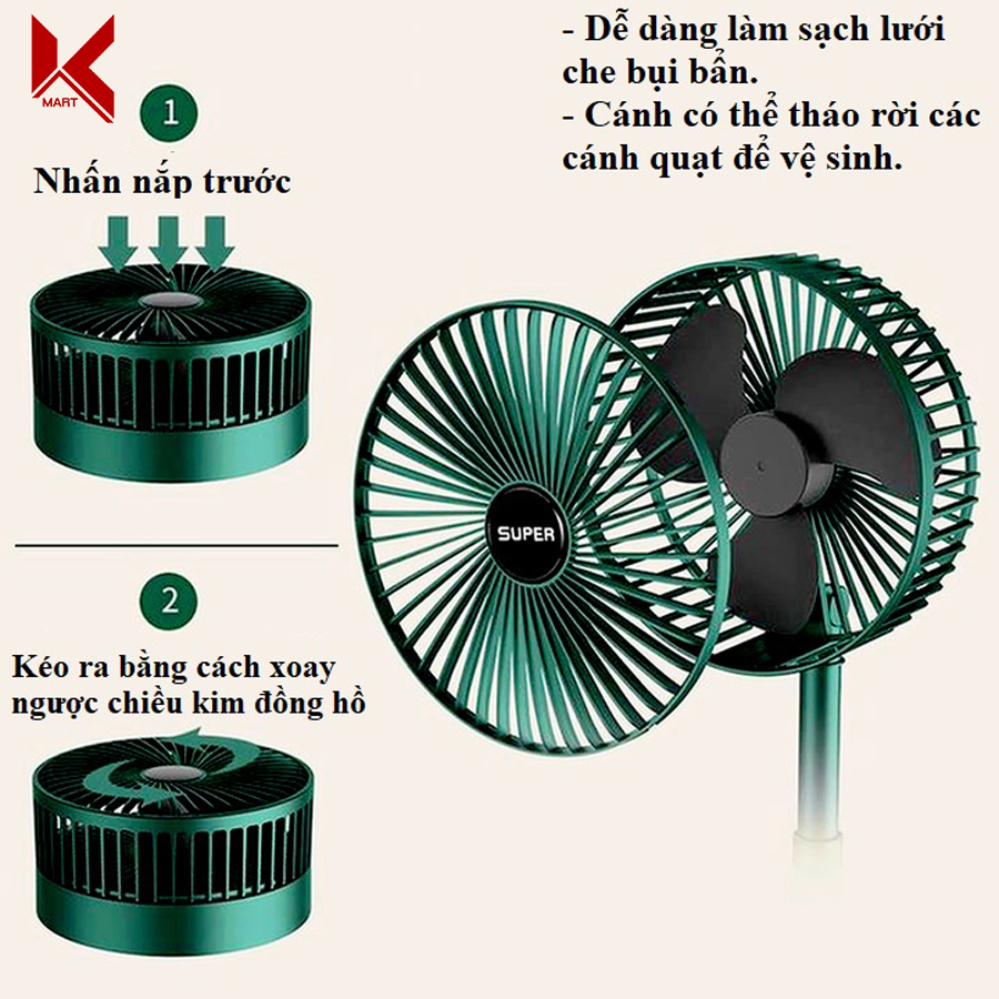 Quạt tích điện mini để bàn cao cấp xếp gọn, 3 chế độ gió kèm giá đỡ điện thoại - K-Mart