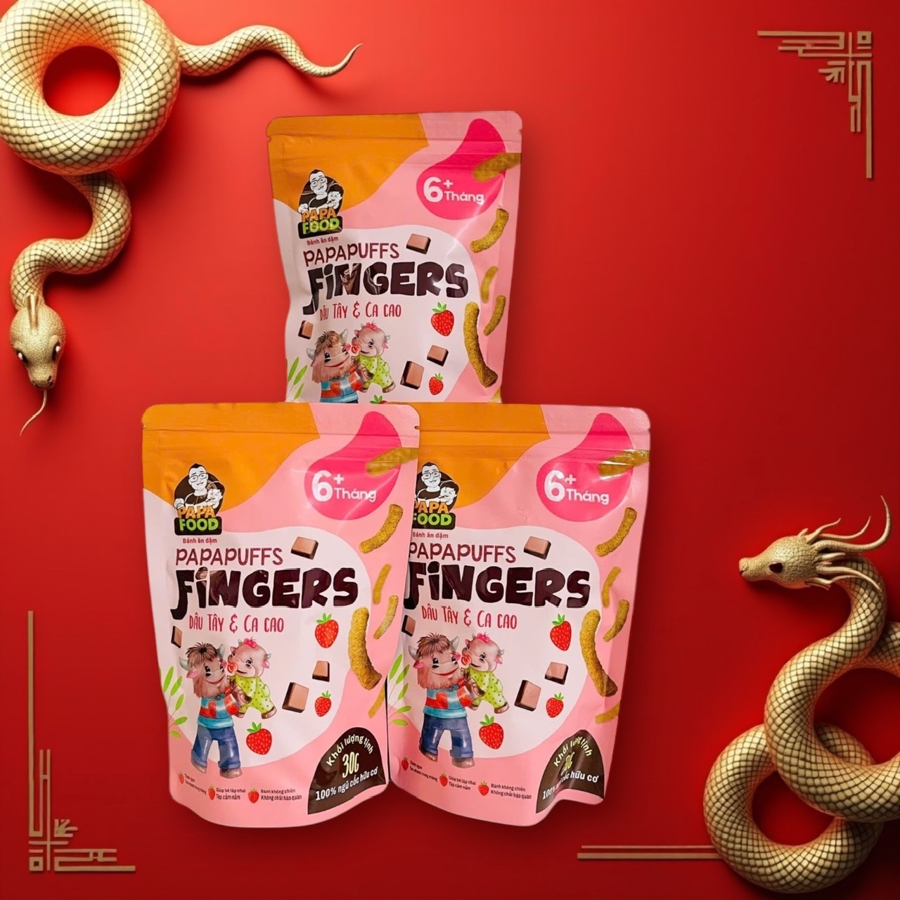 Bánh ăn dặm PAPAFOOD PAPAPUFFS Vị Dâu Tây &amp; Ca Cao - 100% Ngũ Cố Hữu Cơ - Gói 30G