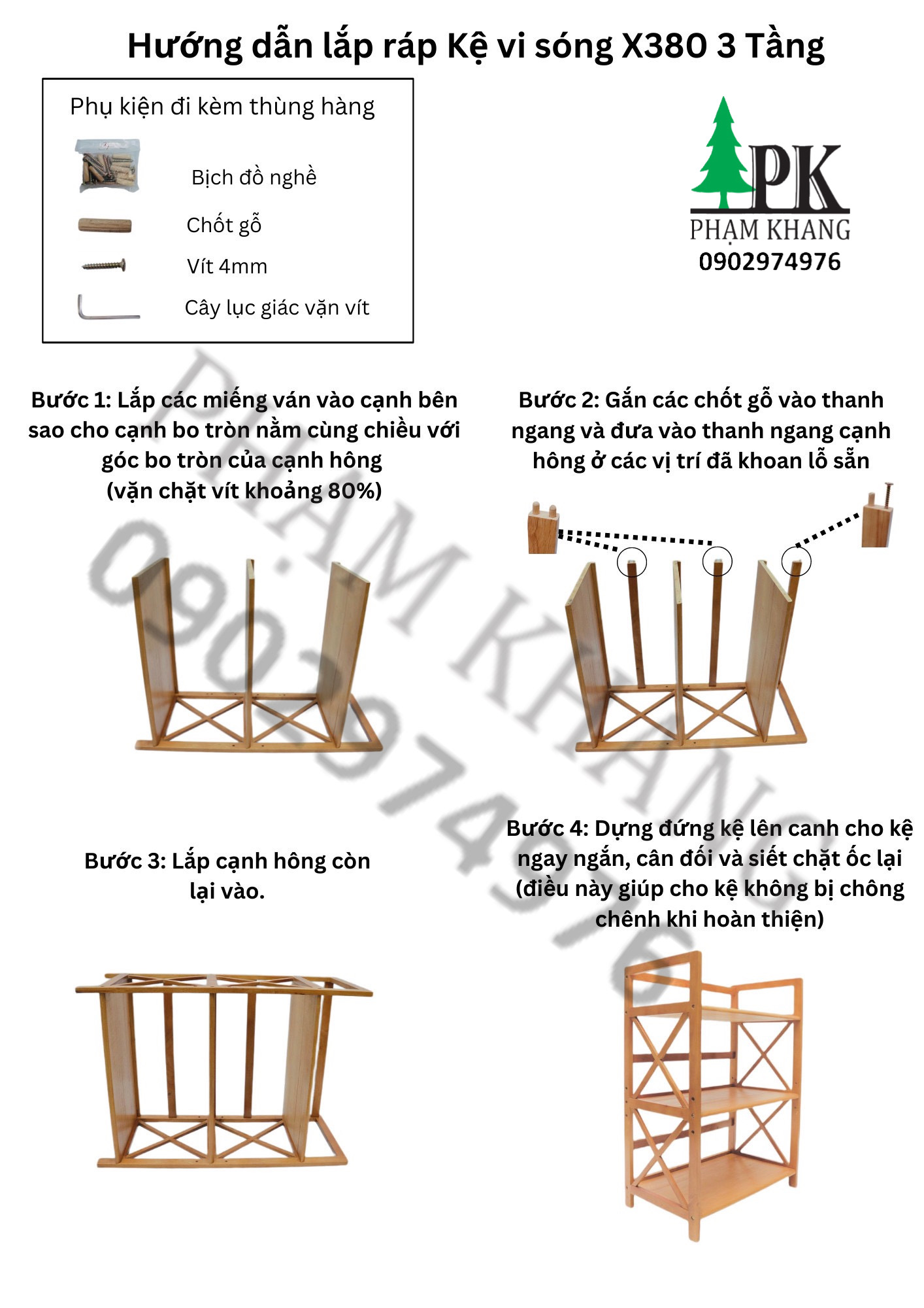 Kệ lò vi sóng gỗ 3 tầng Phạm Khang - Gỗ cao su tự nhiên màu Gỗ Tự Nhiên/ Vàng Cherry - Kích thước rộng 62 cm