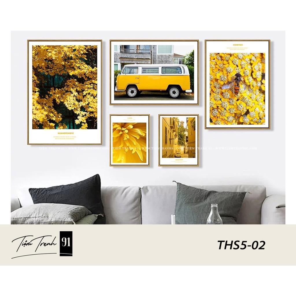 Bộ 5 tranh treo tường phòng khách, tranh dán tường siêu nhẹ, dễ lắp đặt, in theo yêu cầu