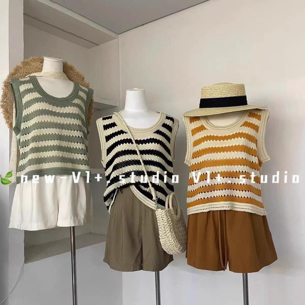 Áo len 3 lỗ kẻ ngang 4 màu kết hợp bra, quây cực chất mẫu hot nhất hè thu 2022 - Áo ba lỗ len móc hàng QC cao cấp