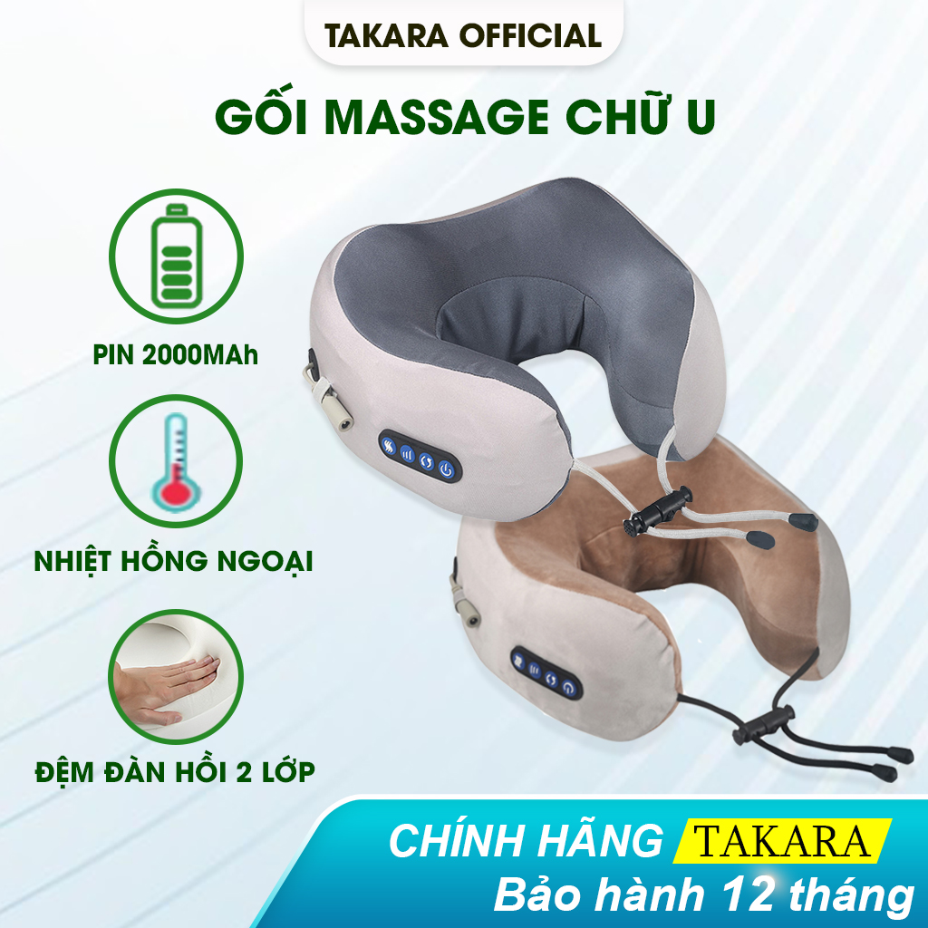 Gối Massage Cổ Chữ U, Máy Mát Xa Đeo Cổ TAKARA Đa Chức Năng Trị Liệu Giảm Đau Mỏi Cổ Vai Gáy