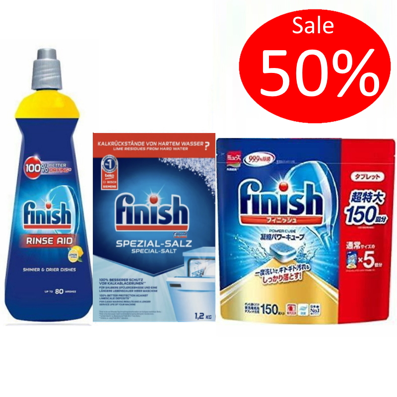 Combo Viên rửa bát Finish Nhật 150 viên + Muối Finish 1,2kg + Nước làm bóng Finish 400ml