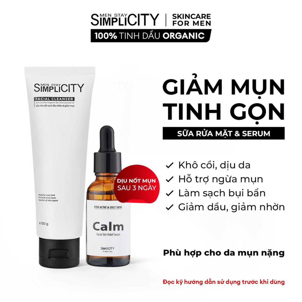 Bộ đôi giảm mụn sưng viêm Men Stay Simplicity cho nam Zinc PCA 1% + Terpineol-4 100g + 30ml