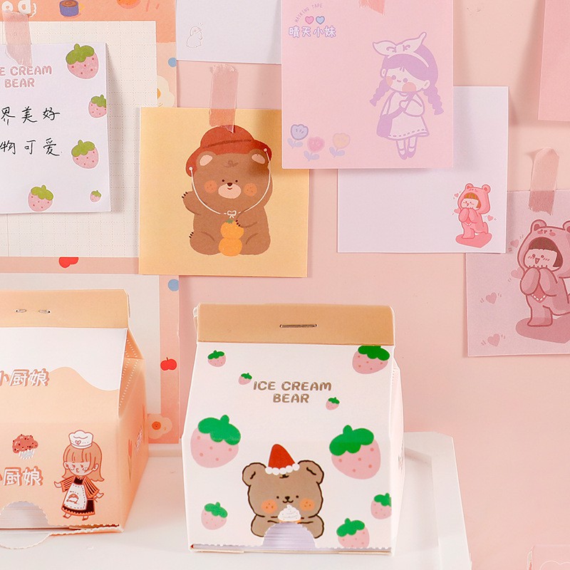 Giấy Note Hộp Sữa 200 Tờ Họa Tiết Xinh Xắn, Giấy Ghi Chú 200 Tờ Nhiều Màu Cute Hot Trend