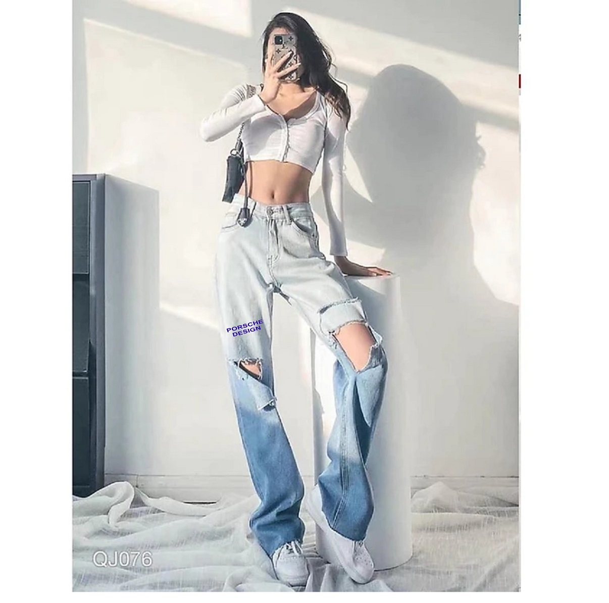 Quần jean baggy nữ loang màu cạp cao phong cách ulzzang - Quần bò baggy lưng cao loang màu rách gối