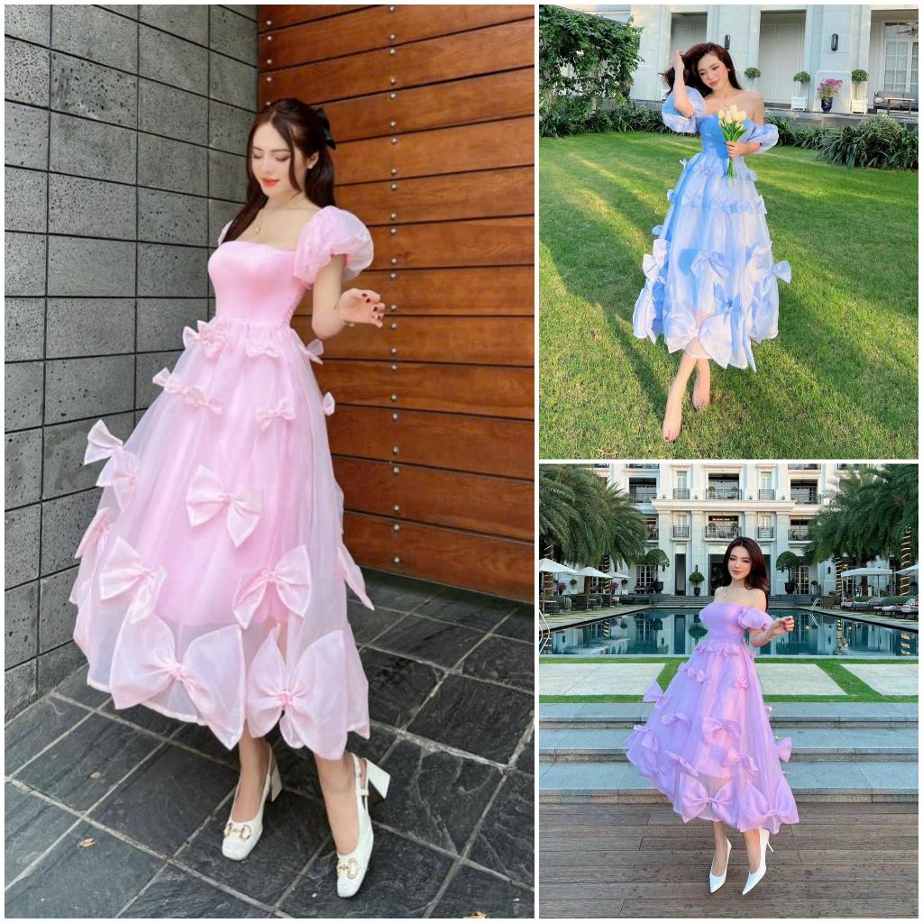 Đầm maxi tơ lụa tay phồng nhiều nơ siêu hot