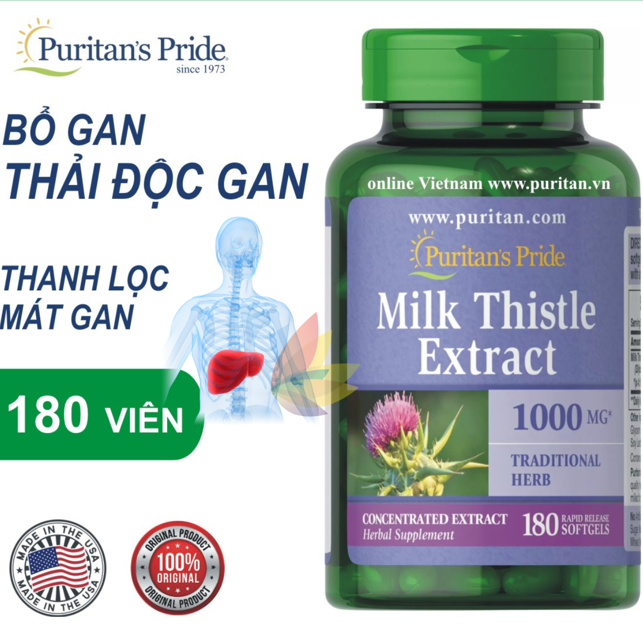 Bổ gan Puritan's Pride Milk Thistle Extract 1000mg Mỹ hỗ trợ giúp gan khỏe hơn, tăng sức đề kháng, hỗ trợ giải độc gan, giảm mụn - OZ Slim Store