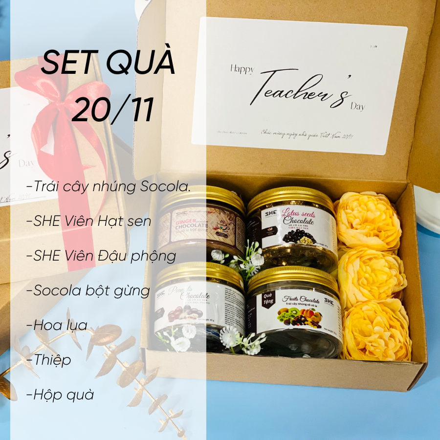 [Set 7 món 20.11] Quà tặng ý nghĩa 20.11 - SHE Chocolate. Socola, hoa lụa Vàng, thiệp Thank you. Quà tặng đặc biệt