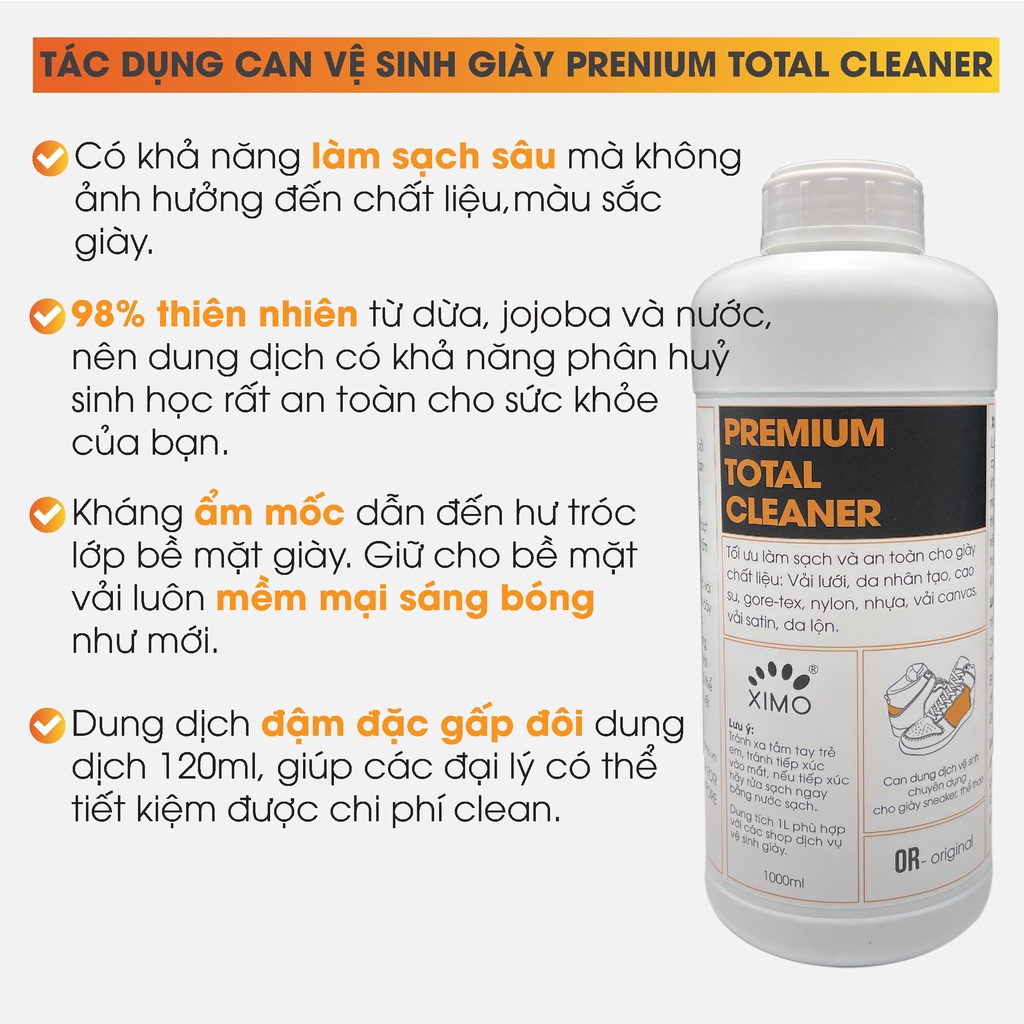 Can dung dịch vệ sinh chăm sóc giày XIMO Prenium Total Clean phù hợp cho các đại lý - 1000ml