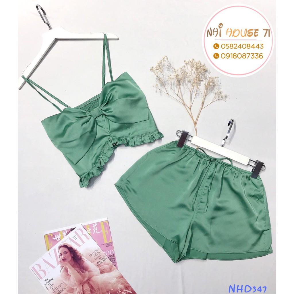 BỘ NGŨ 2 DÂY NHIHOUSE71 ÁO CROPTOP NƠ NGỰC QUẦN ĐÙI LƯNG THUN CHẤT LỤA SATIN SIÊU CUTE FREESIZE 45-57 KG