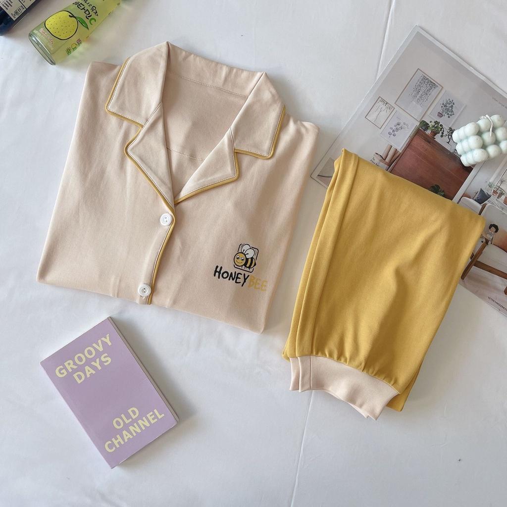 Đồ Mặc Nhà Pijama Dễ Thương, Đồ Bộ Nữ Cotton Áo Dài Quần Dài Màu Trơn Vàng Hồng DDCP06