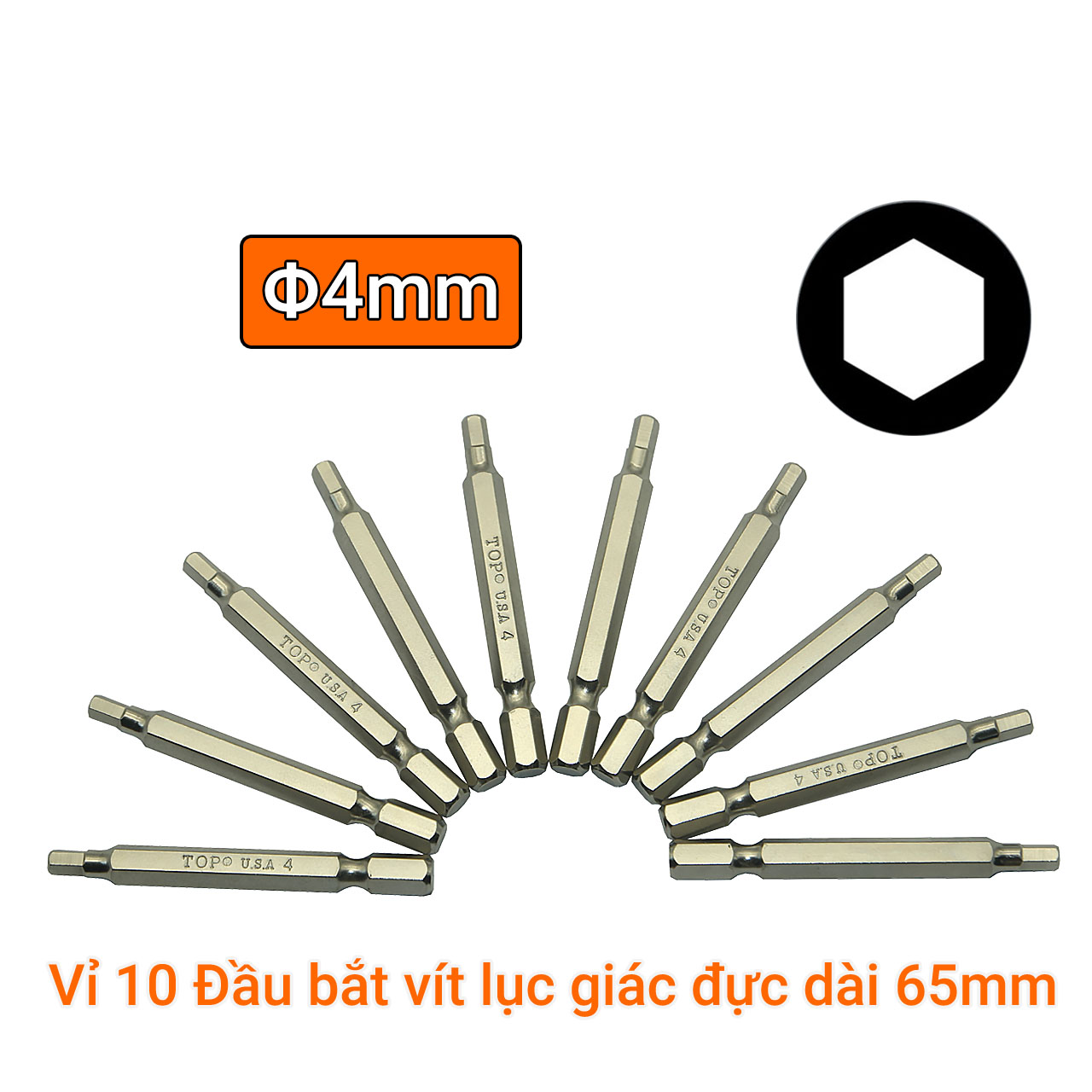 Vỉ 10 đầu bắt vít lục giác đực 4mm dài 65mm