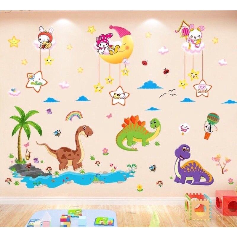 Decal trang trí phòng ngủ cho bé khủng long và trăng sao