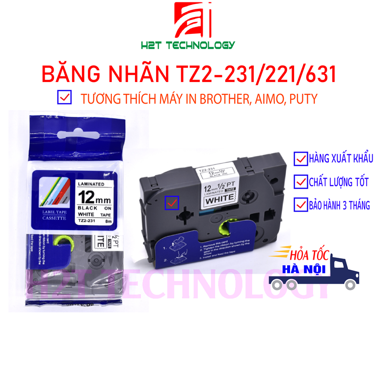 Băng nhãn TZ2-231 khổ 12mm x 8m,  khổ 9mm x 8mm, chữ đen nền trắng, chất liệu ABS dành cho máy in Brother P-Touch e110, e300