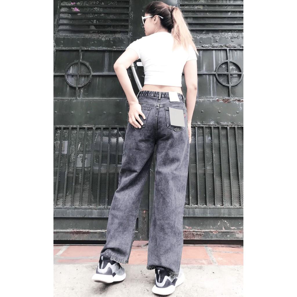 Quần Jeans Nữ Ống Rộng Lưng Cao Túi Xéo Dáng Suông