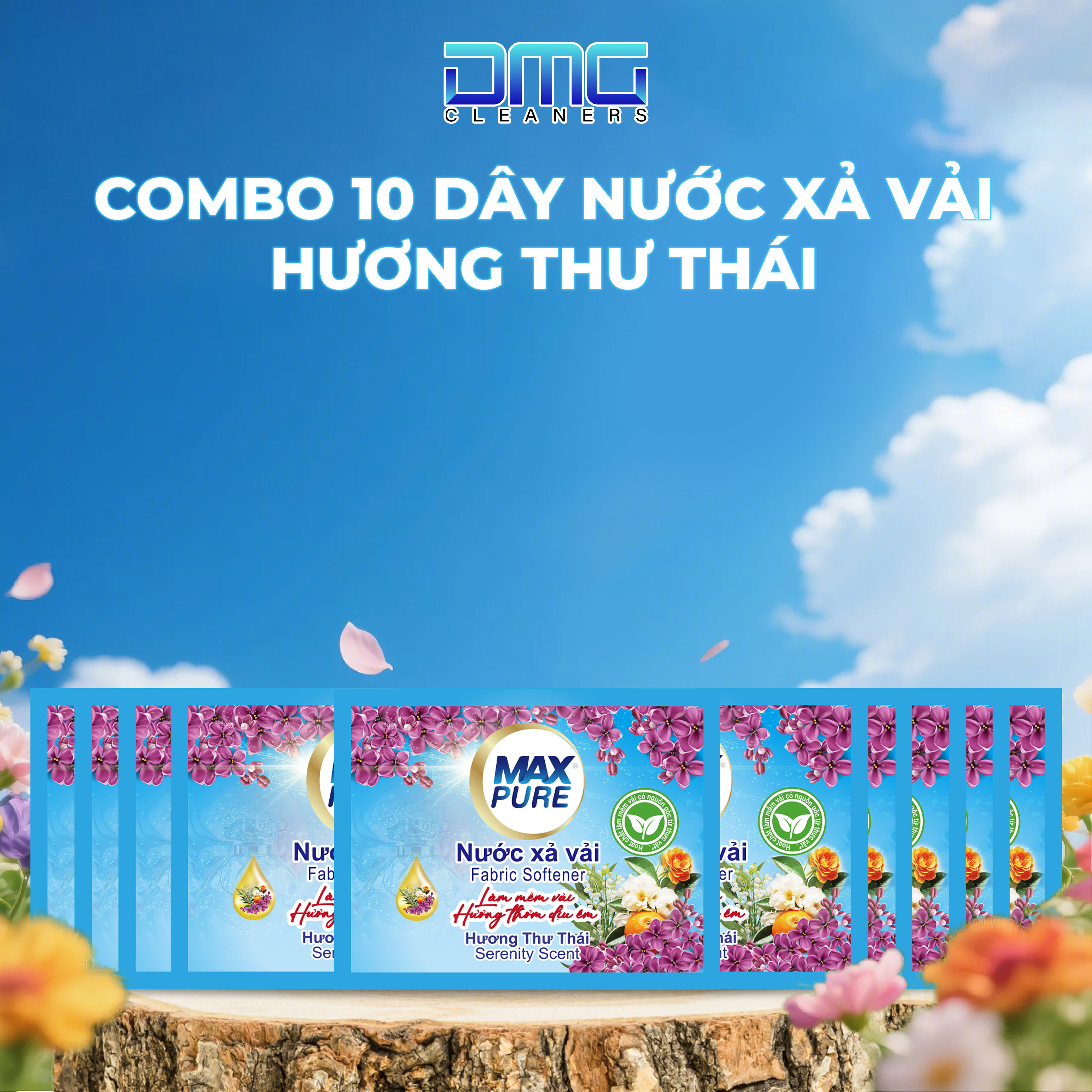 Combo 10 Dây Nước Xả Vải Maxpure Hương Coco 100 Gói x 20ML - Tiện Lợi Thơm Mát 7 Ngày