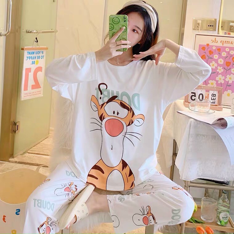 Đồ Bộ Pyjama Dài Tay, Đồ Ngủ Mặc Nhà Pizama Nữ Siêu Dễ Thương Quảng Châu, họa tiết hoạt hình CHÚ Hổ