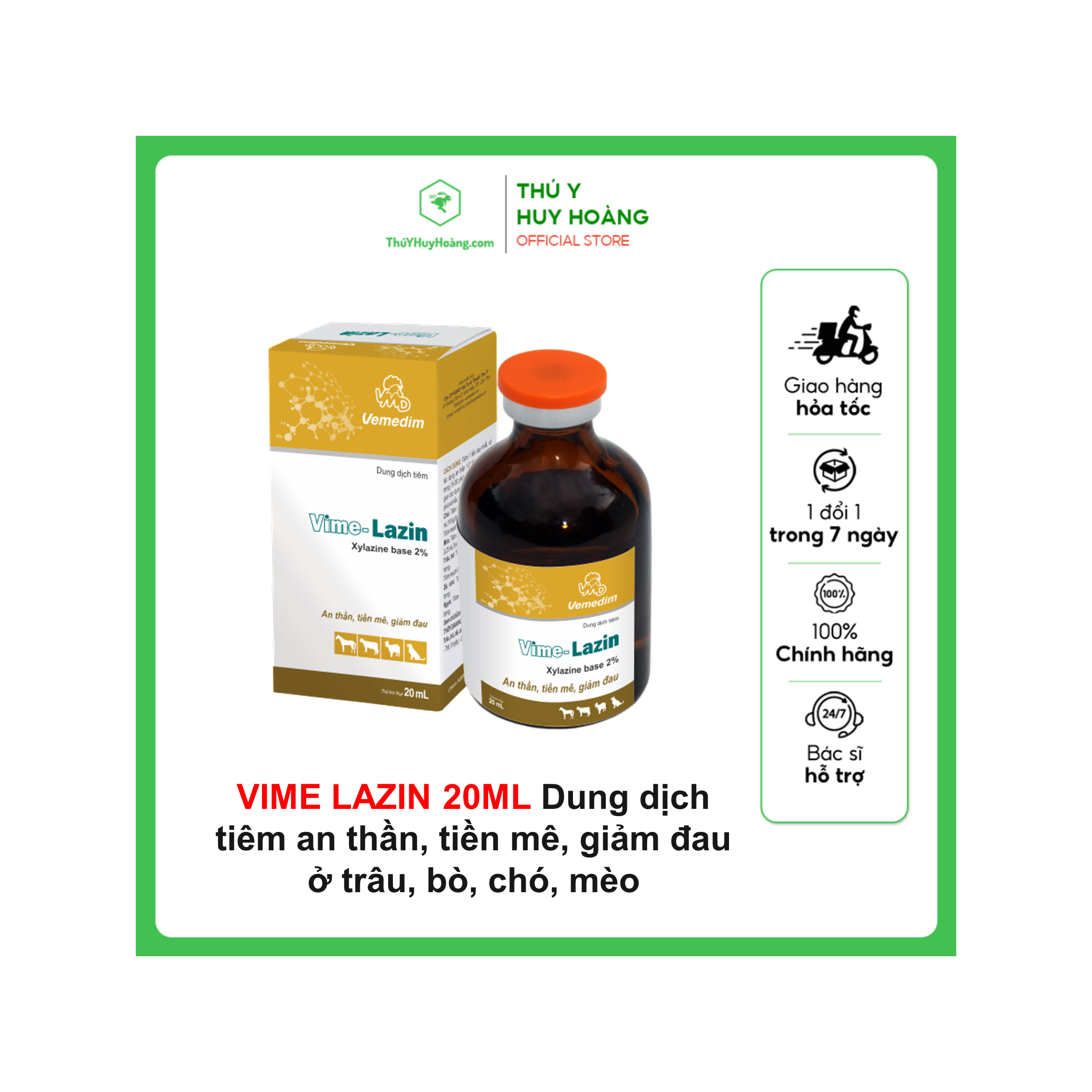 VIME LAZIN 20ML Dung dịch tiêm an thần, tiền mê, giảm đau ở trâu, bò, chó, mèo