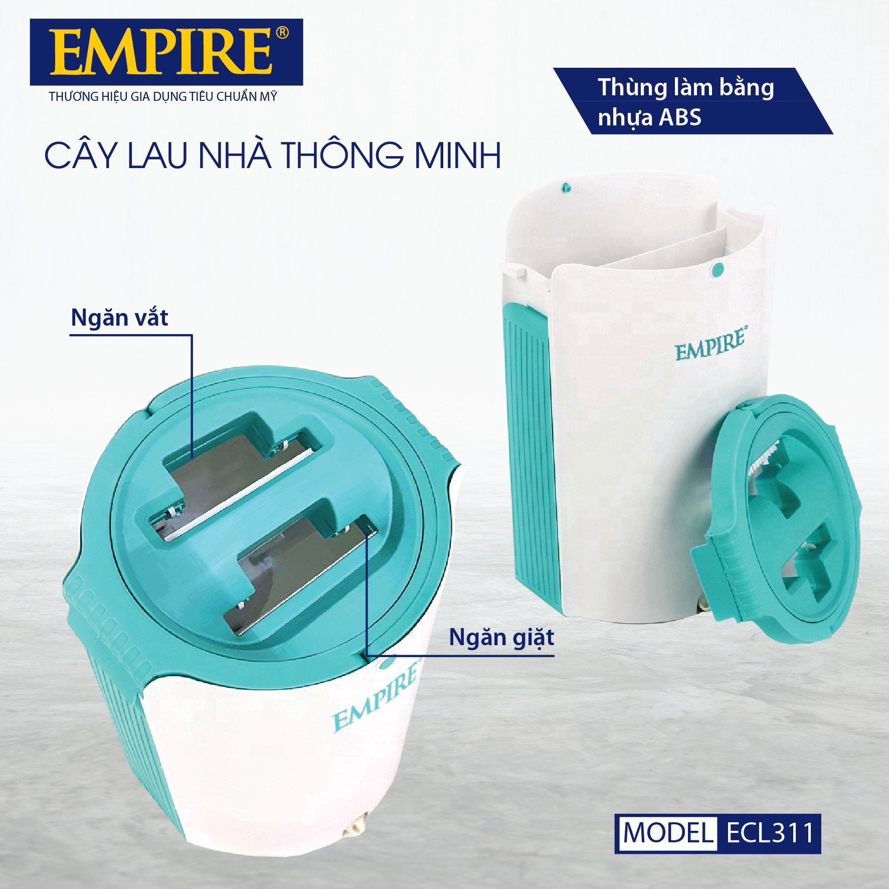 CÂY LAU NHÀ THÔNG MINH TỰ ĐỘNG VẮT, XOAY 360 ĐỘ EMPIRE 311 CAO CẤP. BỘ KÈM 02 BÔNG LAU, THÙNG LAU NHÀ, CÂY LAU NHÀ-Hàng chính hãng