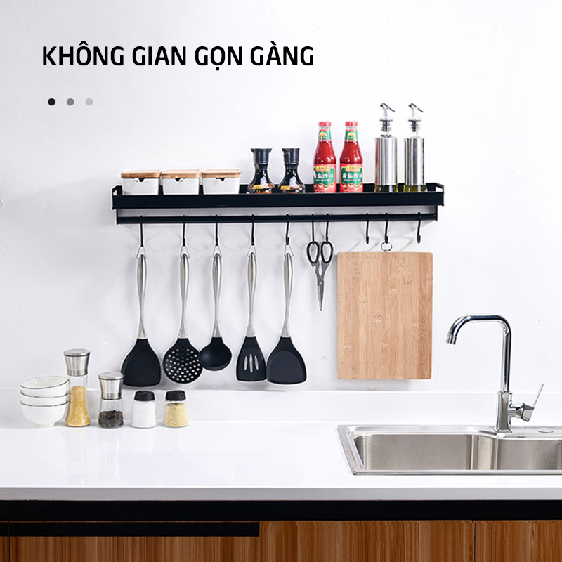 Kệ gia vị đa năng khoan hoặc dán tường có móc treo phụ kiện bếp cho gia đình, nhà hàng