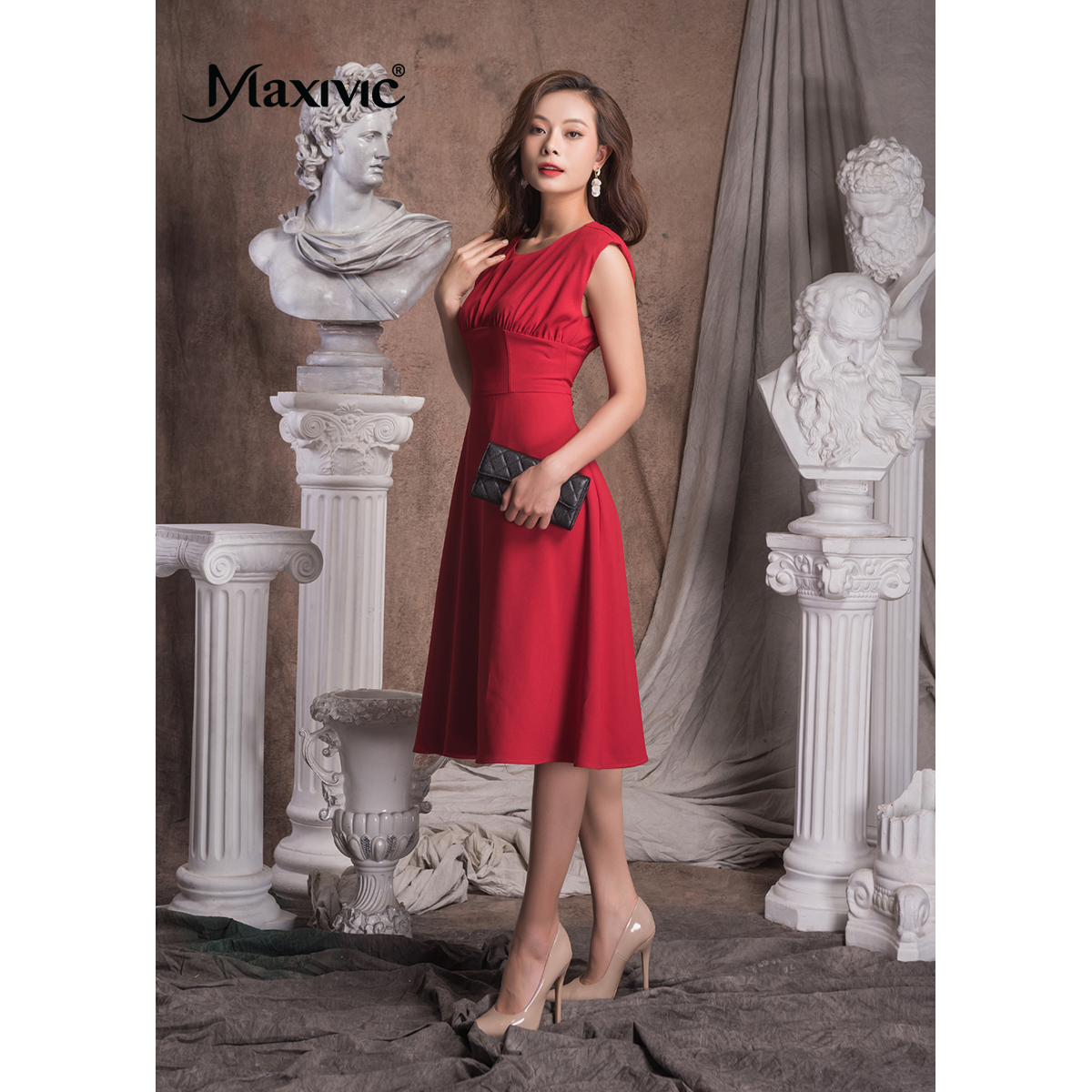 Đầm Sheath Lụa Cổ Nhún Tay Liền Maxivic M012306