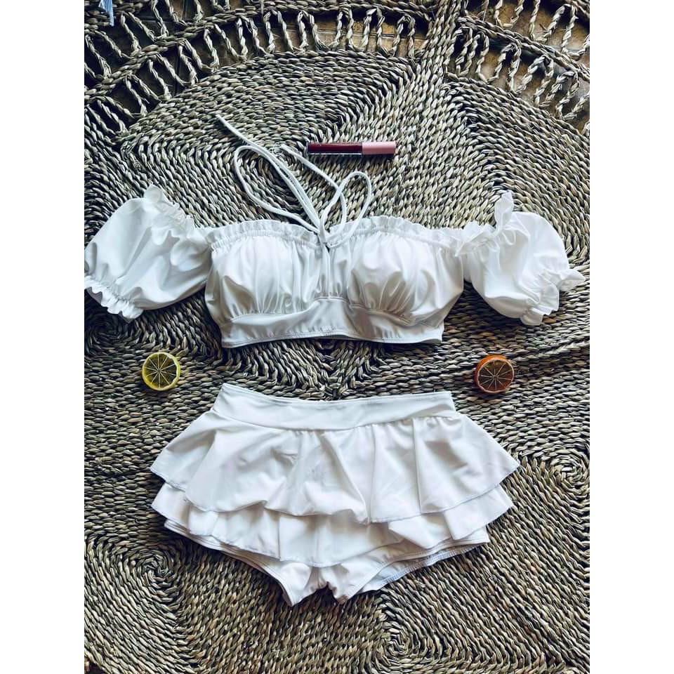 Bikini, đồ bơi đi biển 2 mảnh nữ áo tay phồng Hiền Hồ phối váy 2 tầng đẹp ODERI HM-070