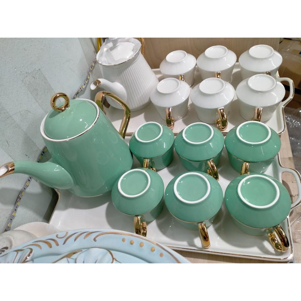 BỘ ẤM CHÉN KÈM KHAY SỨ CAMELIA MÀU XANH NGỌC