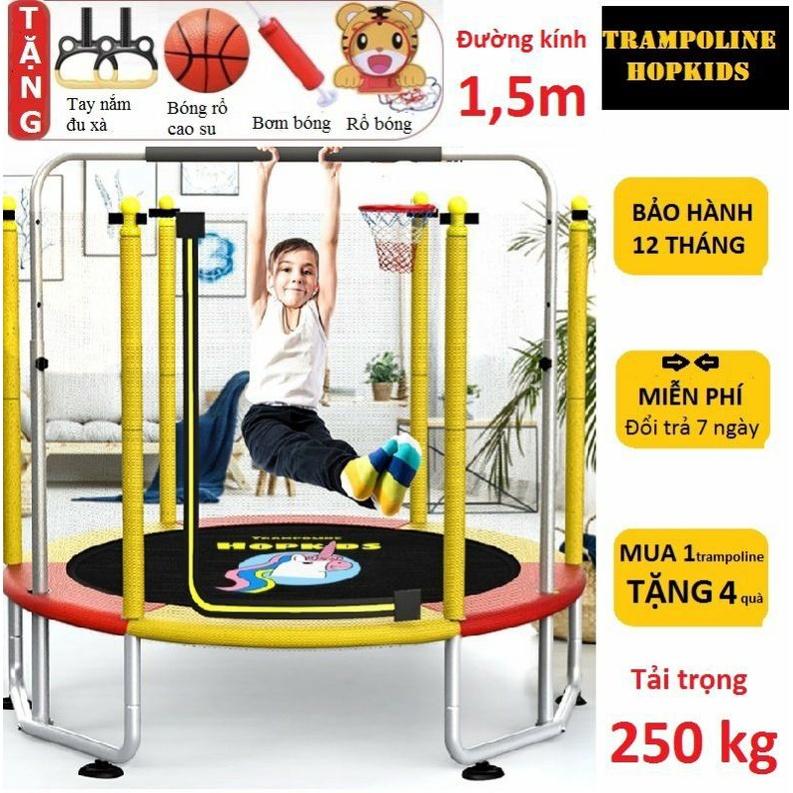 Nhà nhún nhảy cho bé Trampoline Hopkids, bạt nhún quây bóng có xà đơn vận động tăng chiều cao tải trọng 250kg