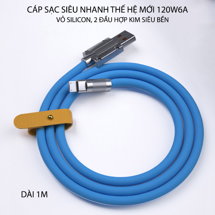 Cáp sạc siêu nhanh thế hệ mới 120W6A, vỏ silicon, 2 đầu bằng hợp kim rất bền, dài 1m