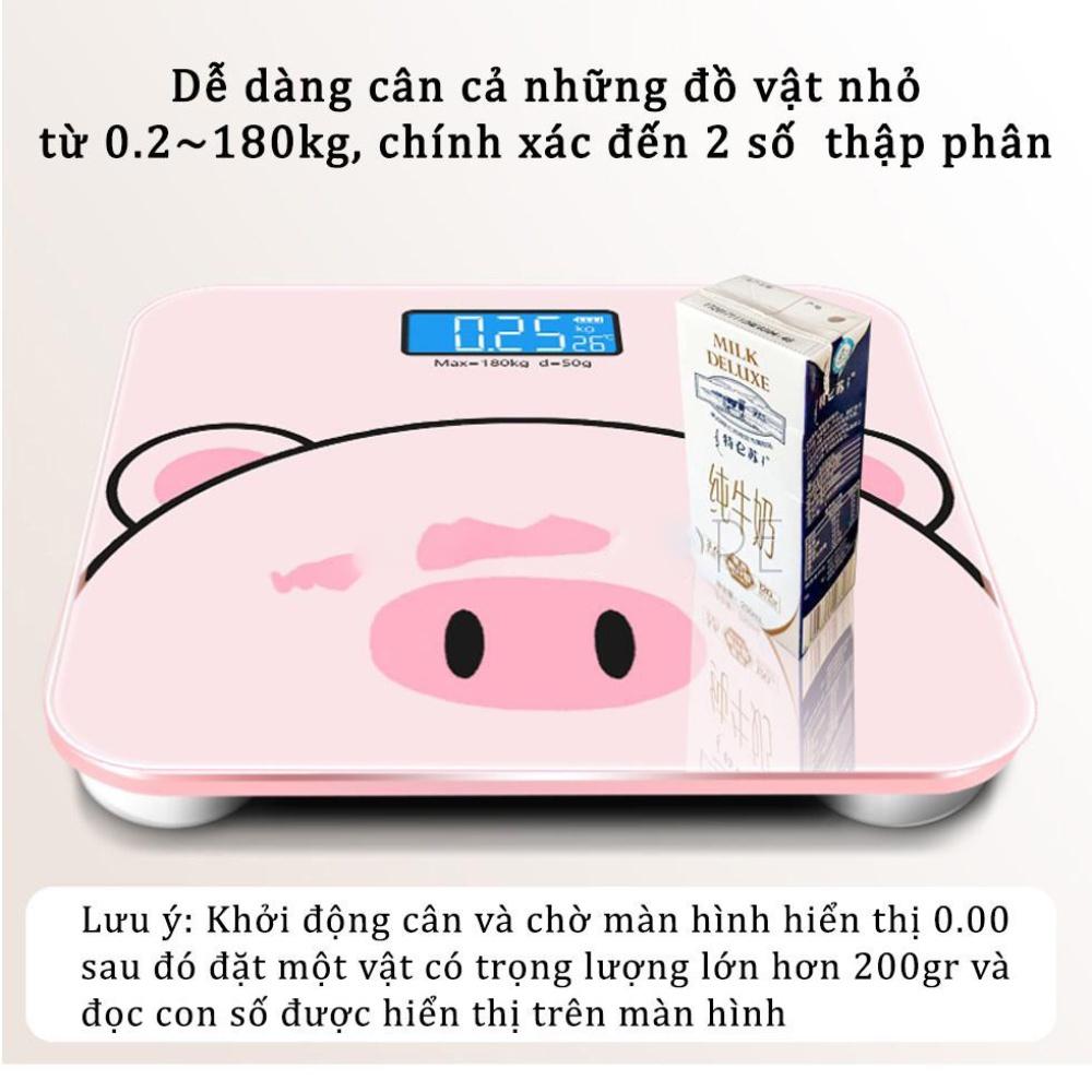 Cân điện tử sức khỏe sạc pin hình heo hồng xinh xắn, mặt kính chịu lực tối đa 200kg, bảo hành 12 tháng