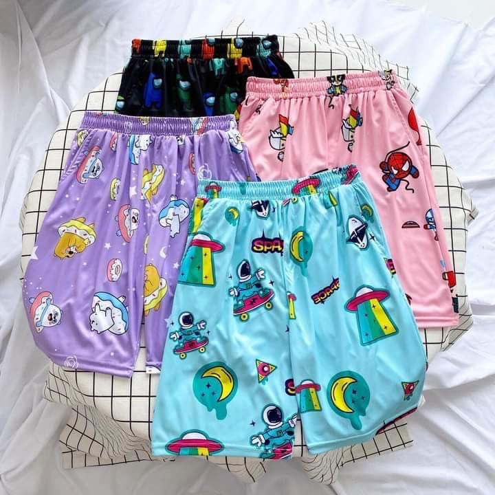 (40-65kg) Quần Short cartoon hình thú unisex nam/nữ chất thun cào. Quần short nam. Quần short nữ. Họa tiết: thú mỏ vịt tím - chó vàng - gà vàng -  shin cậu bé bút chì - máy game BMO xanh ngọc - thú mỏ vịt vàng - perry - vịt đen - thỏ tím - tororo xám - gấu koya xanh ngọc - tim trắng - bts đen - mèo tím - stitch trắng - vô diệm xanh - khủng long cam - ngựa pony hồng