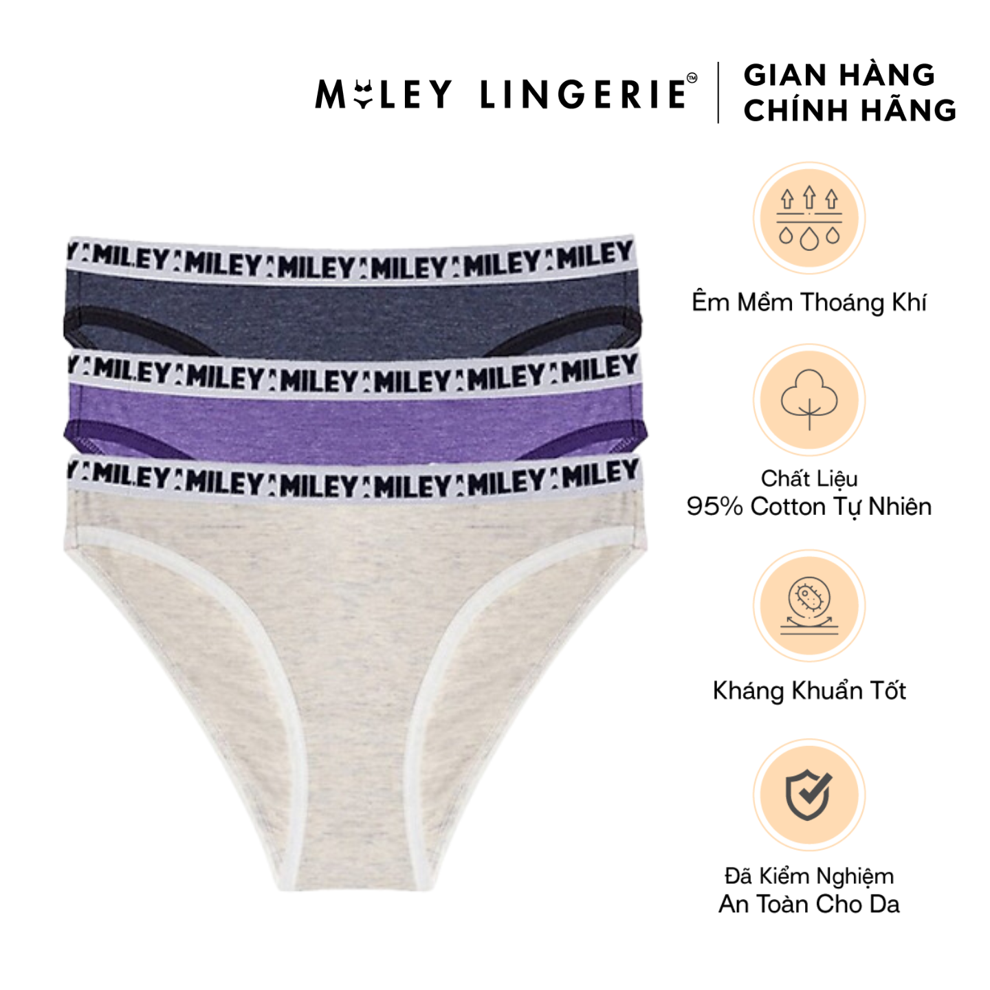 Combo 3 Quần Lót Nữ Melange Sporty Chic Miley Lingerie - Màu Xanh Đen, Trắng Kem, Tím FCB0100-0200-1000