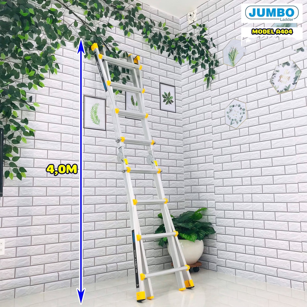 Thang Rút Chữ A, Thang Nhôm Trượt Đa Năng JUMBO A404 - Chữ A Cao Nhất 2m, Chữ I Cao Nhất 4.0m, Tải Trọng 300kg Chắc Chắn Và Bền Bỉ - Luôn Có Phụ Kiện Thay Thế