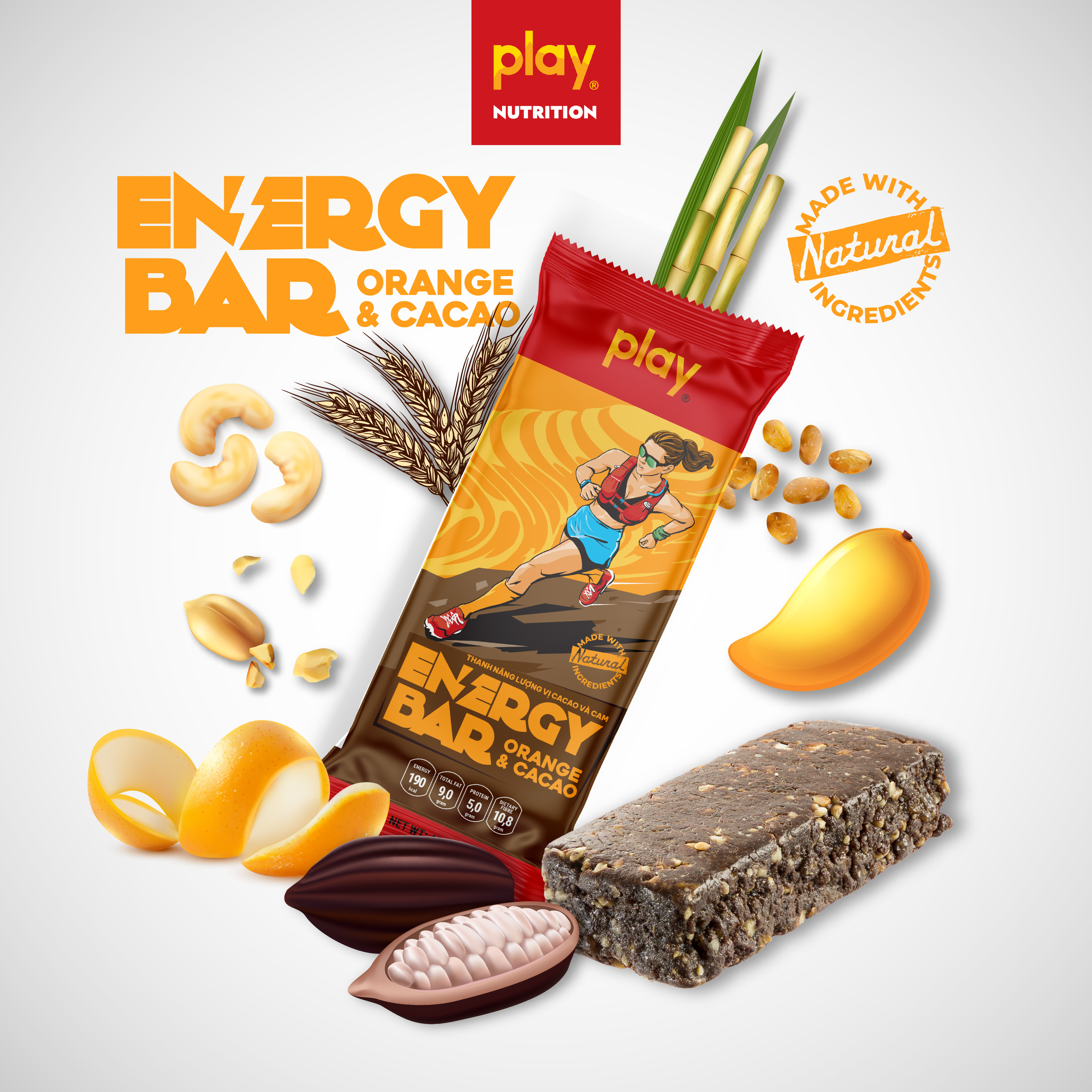Hộp 12 thanh năng lượng PLAY 2.0 vị cam caocao – Thanh ngũ cốc dinh dưỡng PLAY Energy Bar