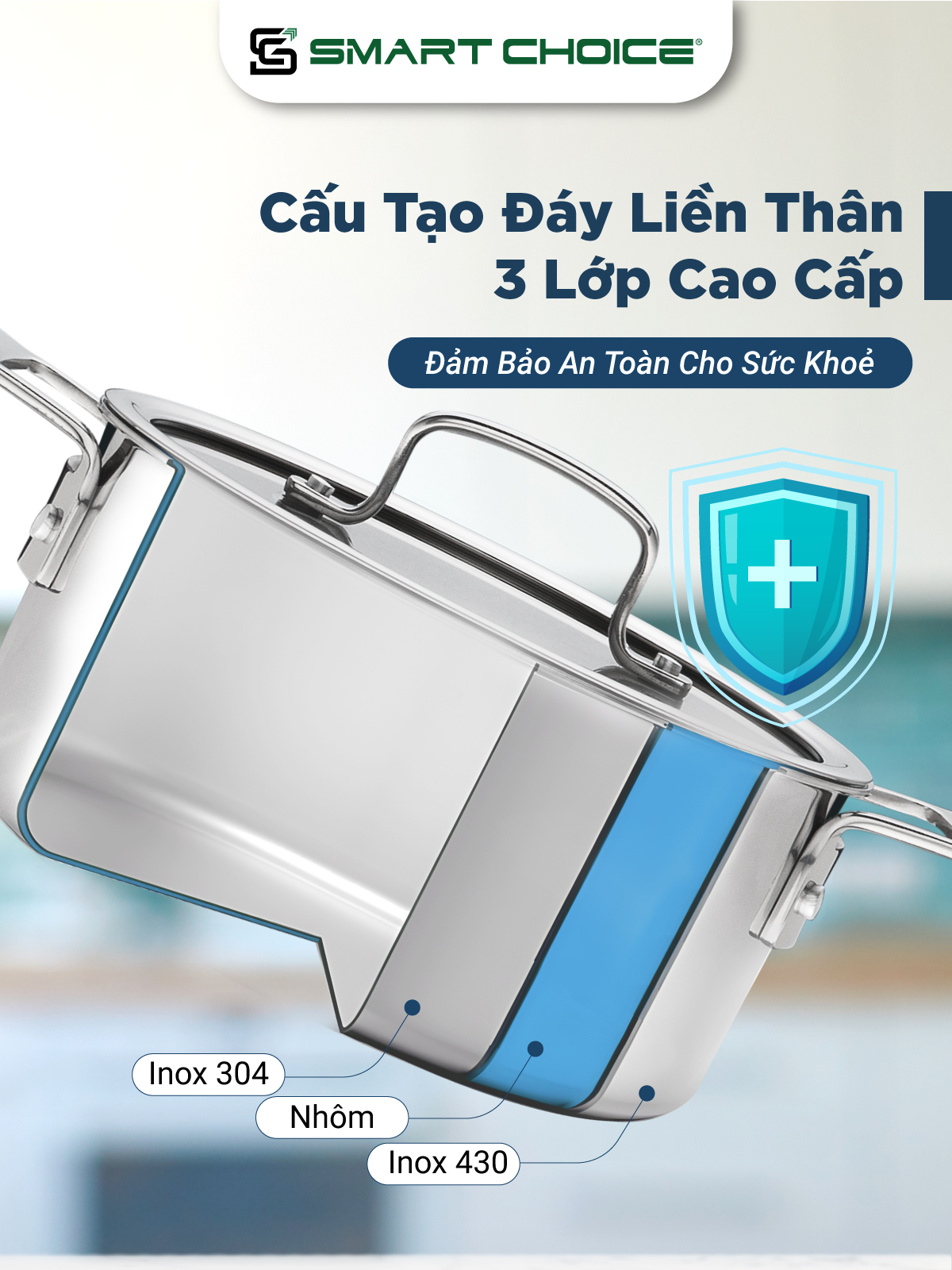 Nồi Inox 304 SmartChoice  SCG-NL001 Chính Hãng Liền Khối 3 Đáy Cao Cấp Nắp Kính 18cm, 20cm, 24cm