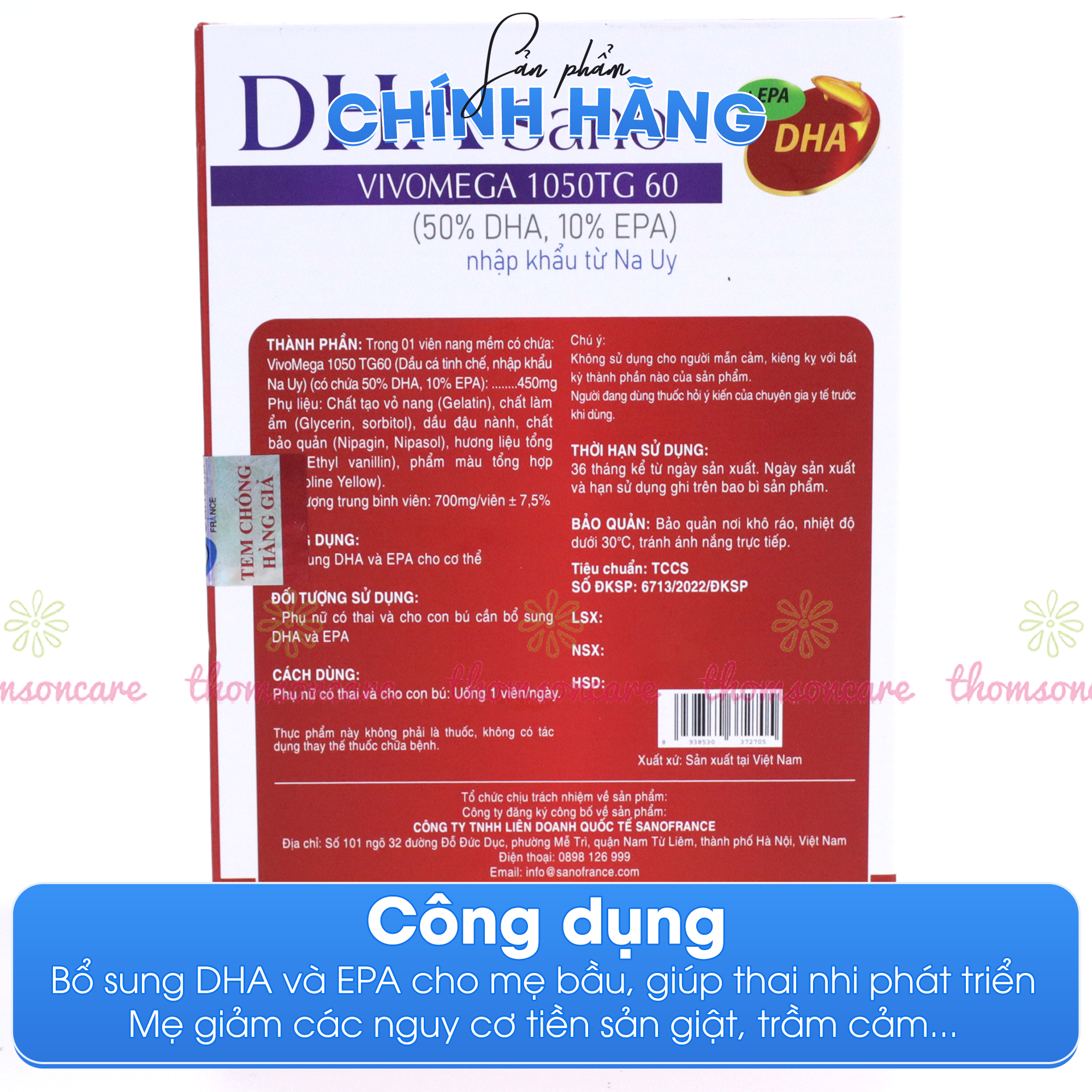 Viên uống DHA cho bà bầu DHA Sano Sanofia France-Bổ sung DHA và EPA giúp mẹ khỏe, thai nhi phát triển tốt - Hộp 30 viên