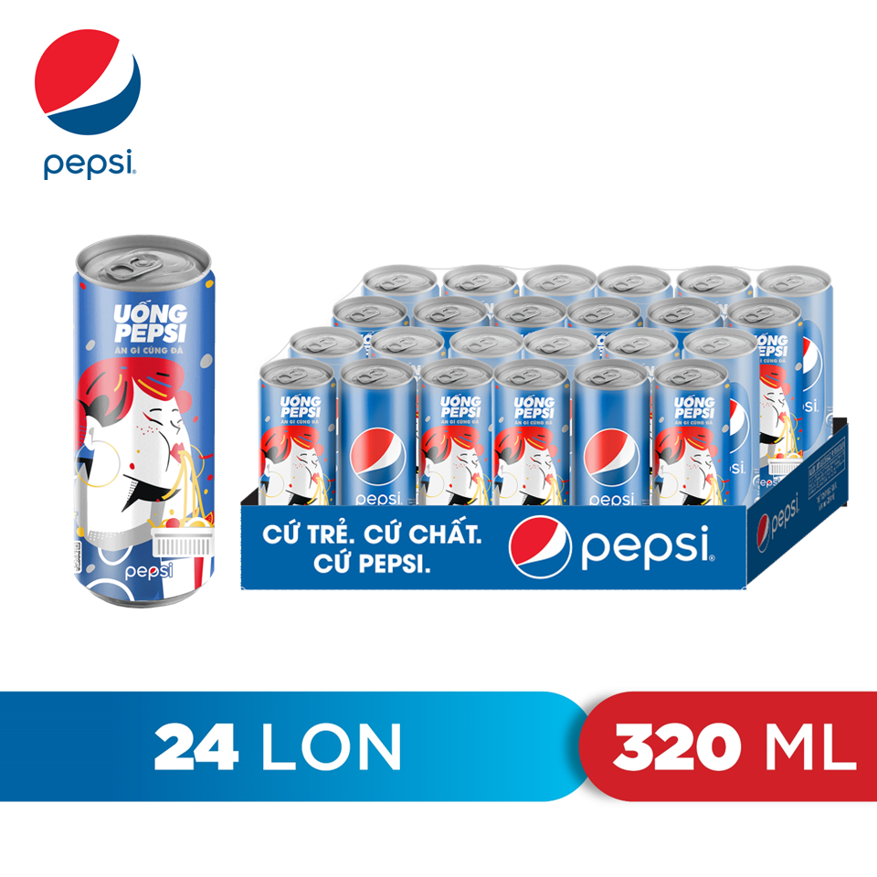 Thùng 24 Lon Nước Ngọt Có Gaz Pepsi lon xanh (320ml/lon)