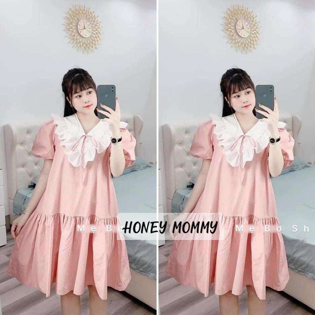 Váy Bầu Cổ Bèo Thắt Nơ Dáng Suông Đuôi Cá Ngắn Tay HD2631 Honey Mommy Đầm Bầu Mùa Hè Công Sở Đi Chơi Đi Tiệc