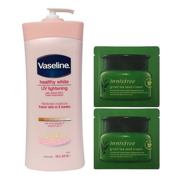 SỮA DƯỠNG THỂ VASELINE HỒNG LÀM MỊN &amp;TRẮNG DA 725ML + TẶNG KÈM 2 SAMPLE KEM DƯỠNG ẨM DA CHIẾT XUẤT TRÀ XANH 1ML